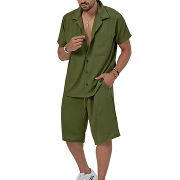 Riolio Summer Casual Men's Set Lightweight And Comfortable Men's Clothing Pocket Lapel Short-sleeved Shirt And Shorts Two-piece Suit